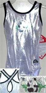 1028-QSI   BEIJING PANDA COMMEMORATIVE 2008 OLYMPICS LEOTARD! INFUSED iSTYLE ON WHITE HOLOGRAM, BLACK TRIM, CRISS CROSS BACK!