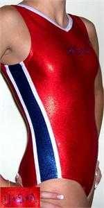 1532-428-SA COMMEMORATIVE OLYMPIC DESIGN, SHINY RED SILVER AND BLUE SHINE-ON HOLOGRAMS, USA CRYSTALS TANK LEOTARD!